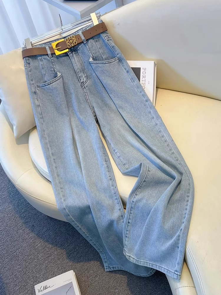 Light Color High Waist Wide Leg Jeans Women's 2024 Spring and Autumn New Pleated Design Niche Straight Pants