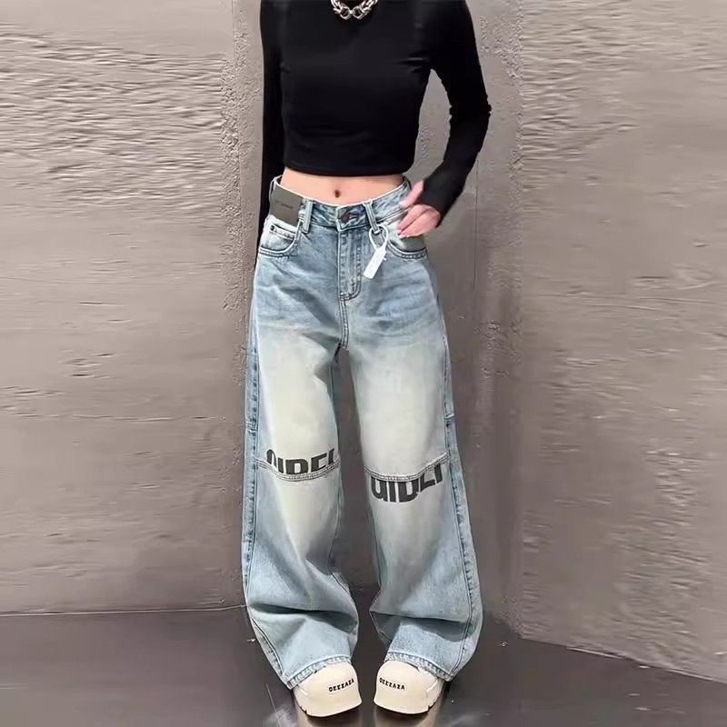 American vintage letter scimitar jeans women's summer design wide-leg pants slimming loose straight floor-length trousers