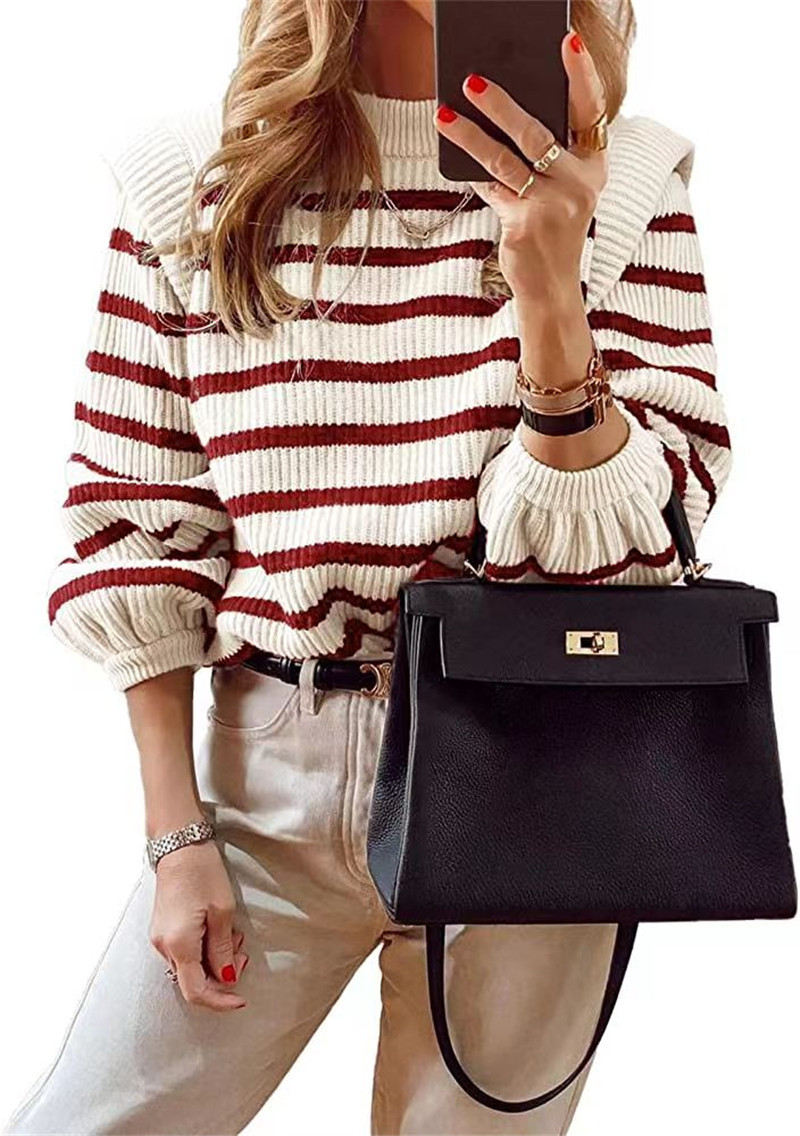 Picture of Aliexpress New 2025 Women's Fashion Striped Round Neck Puff Sleeve Sexy Knitted Sweater
