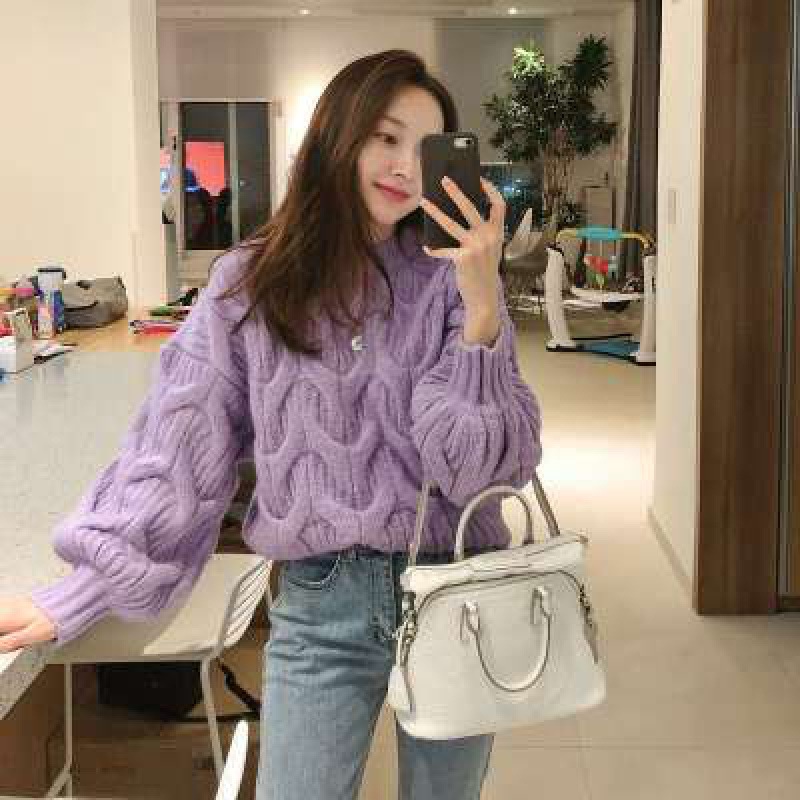 Lantern sleeve round neck twist sweater women's lazy style autumn and winter New Korean style loose thick twisted pullover sweater