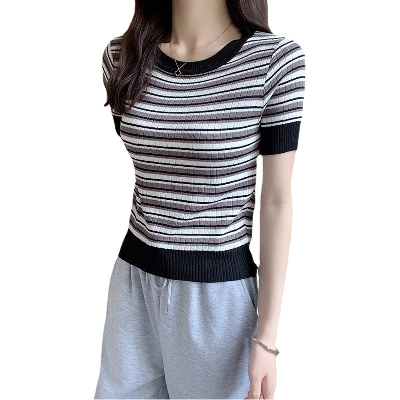 Short-sleeved T-shirt Women's Summer 2024 New Slim-fit High Waist Short Design Niche Top Black Striped Knit Sweater