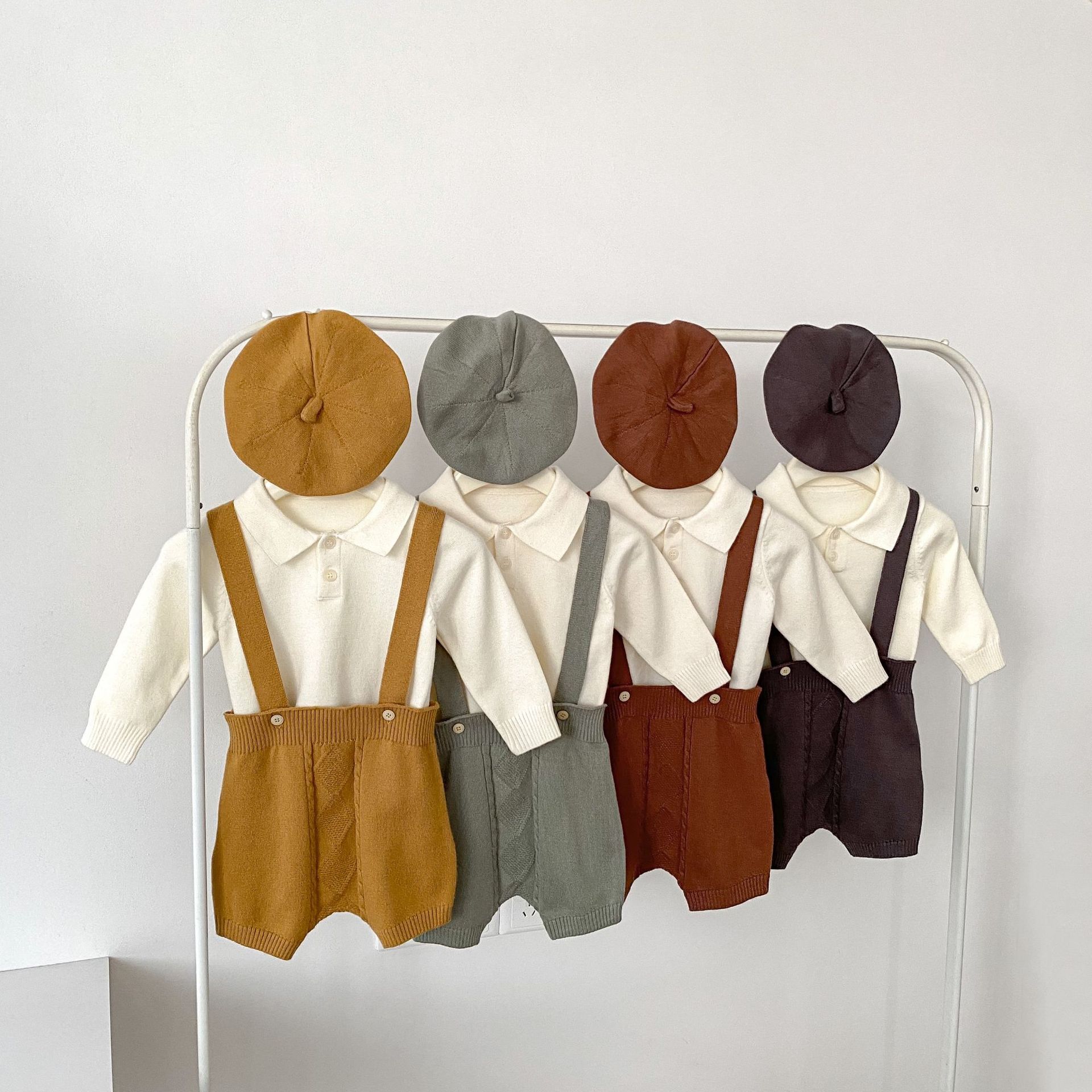 Baby Boy Knitted Overalls Suit Versatile Pure Color Lapel Long-Sleeved Sweater Overalls Hat Three-Piece Set