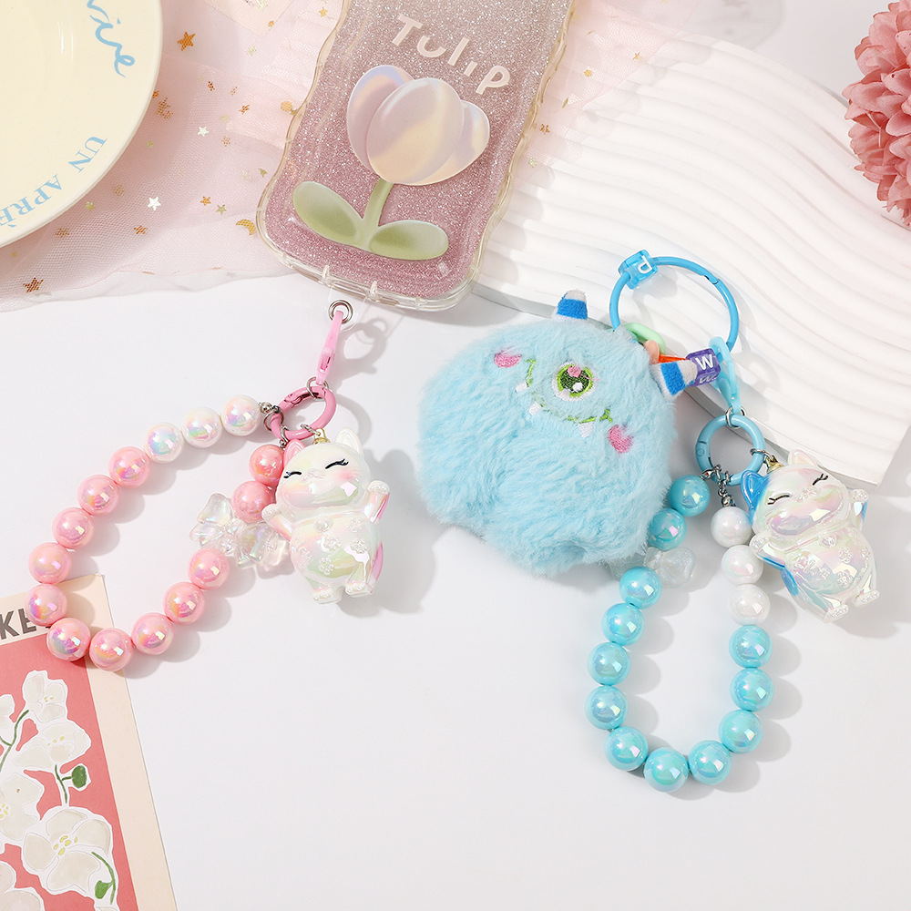 Picture of Girl heart lucky cat beads keychain two-color pearl beaded mobile phone chain bag keychain pendant