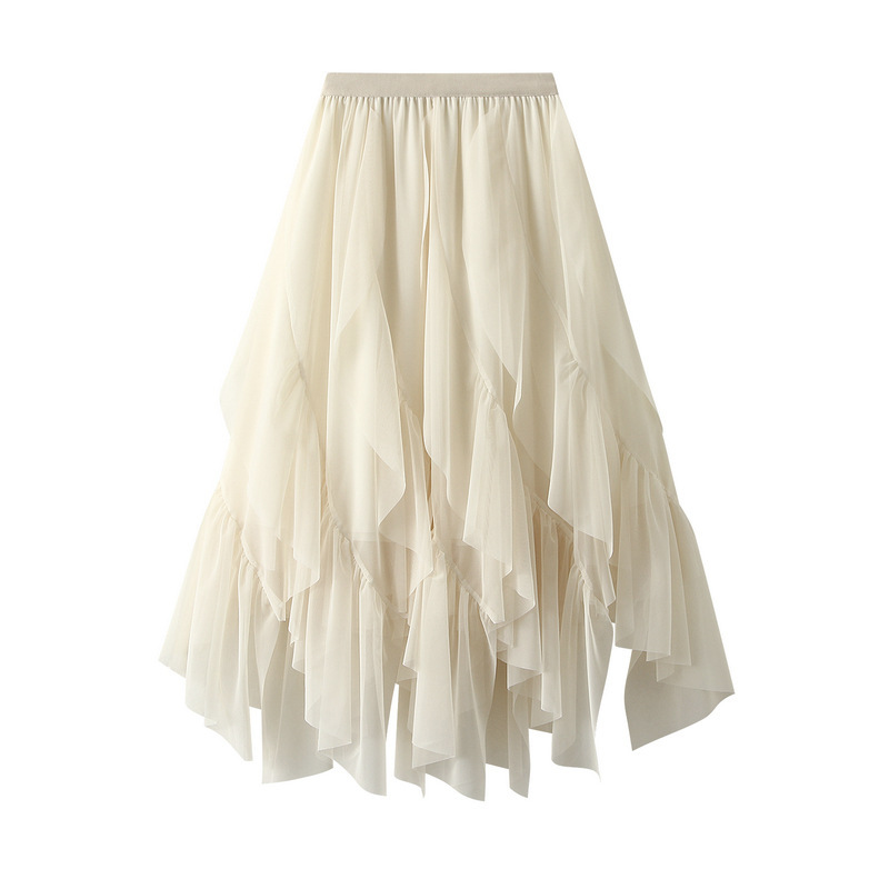 2024 Ruffled Yarn Group Women's 2023 New High Waist Mid-length Draped Mesh Dress