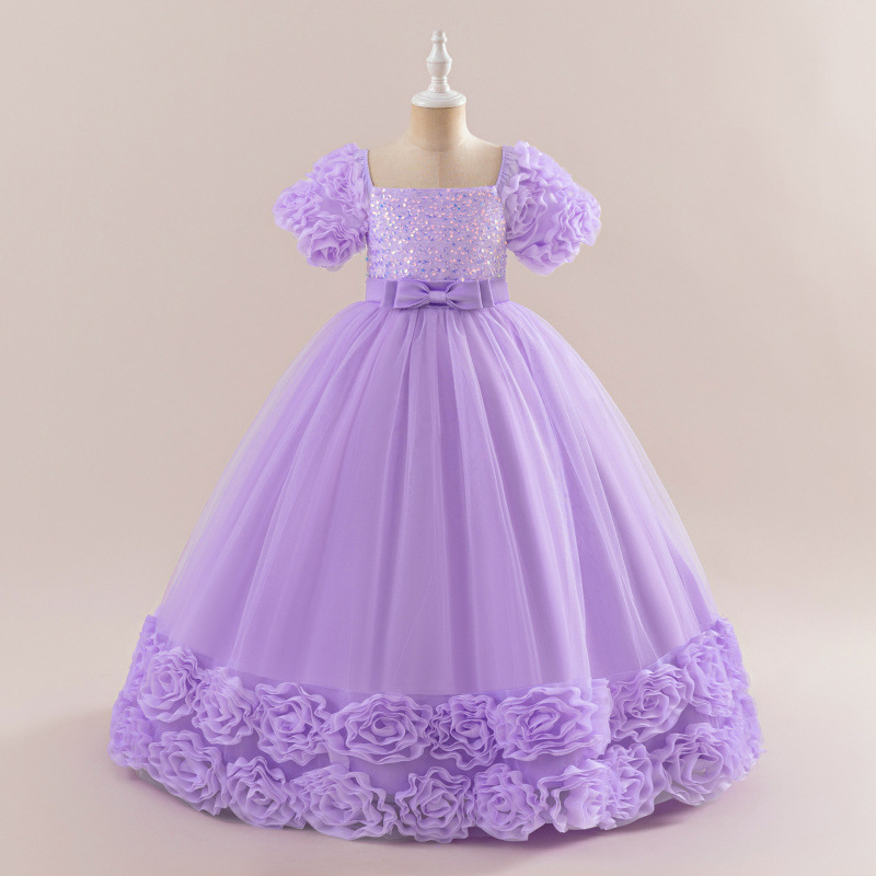 Cross-border New Girl Princess Dress Performance Host Dress Rose Mesh Dress Bubble Sleeve Long Dress Sequin Dress