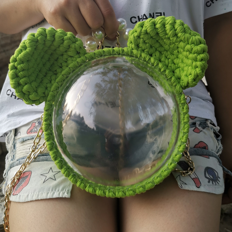 Picture of Handmade woven cloth line bear Mickey bag material bag transparent hemisphere acrylic Pearl handbag satchel