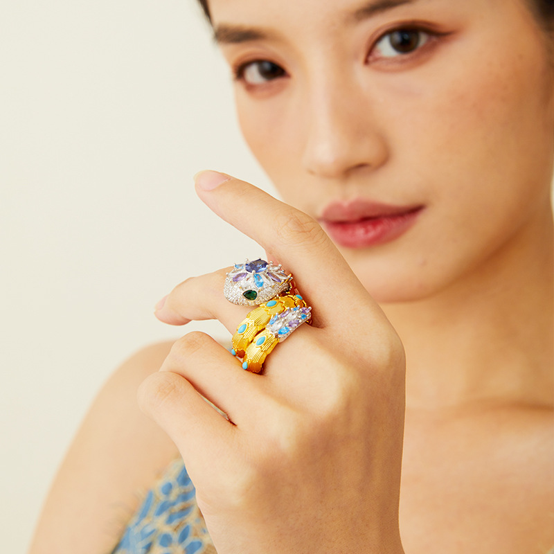 Foreign trade cross-border new double-ring snake ring gold-plated heavy-industry elastic personality exaggerated texture fashion snake ring