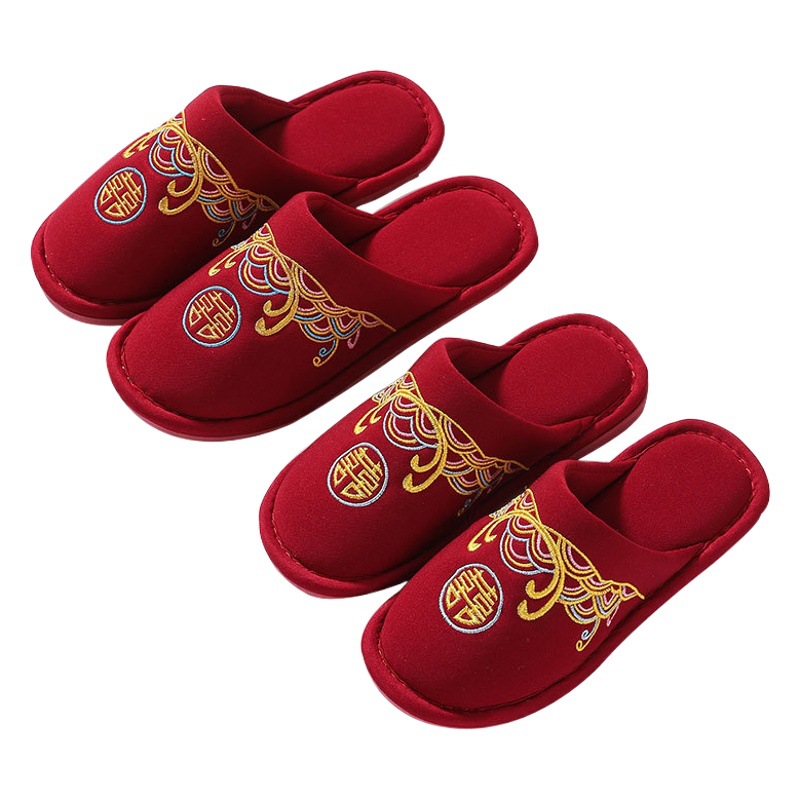 Wedding slippers festive red pair of winter couples wedding winter home indoor Bride wedding dowry slippers