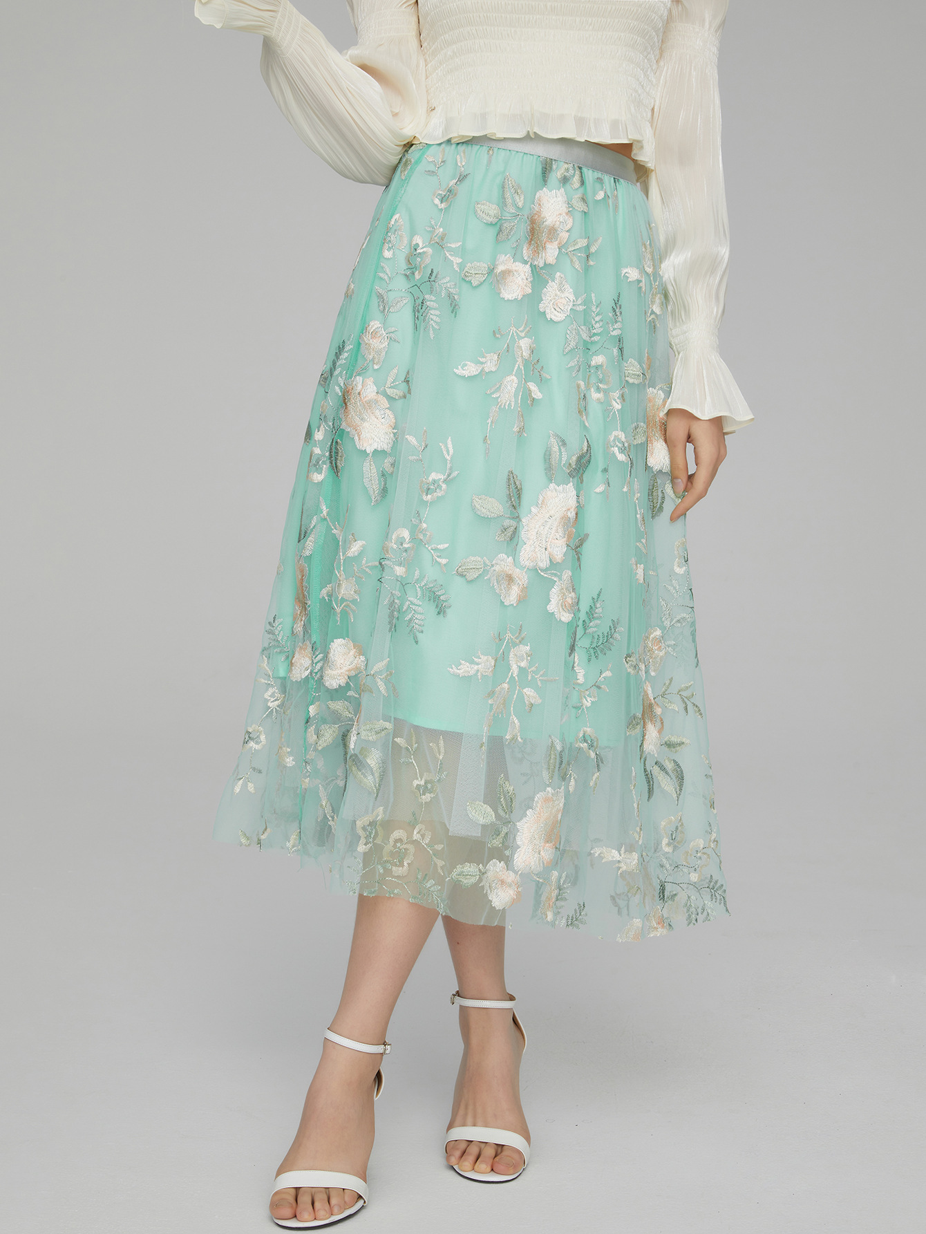 Mesh Embroidered Mid-Length Skirt, Elegant and High-End Fairy Skirt, European and American Clothing Multi-Layered Mesh Skirt