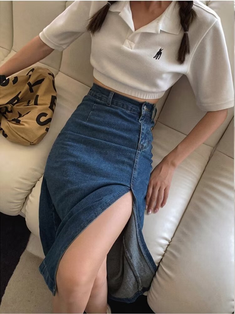 Picture of Denim Skirt Women's 2025 Fashion New Slim One-Step Hip Skirt Slit Mid-Length High Waist Large Size Long Skirt