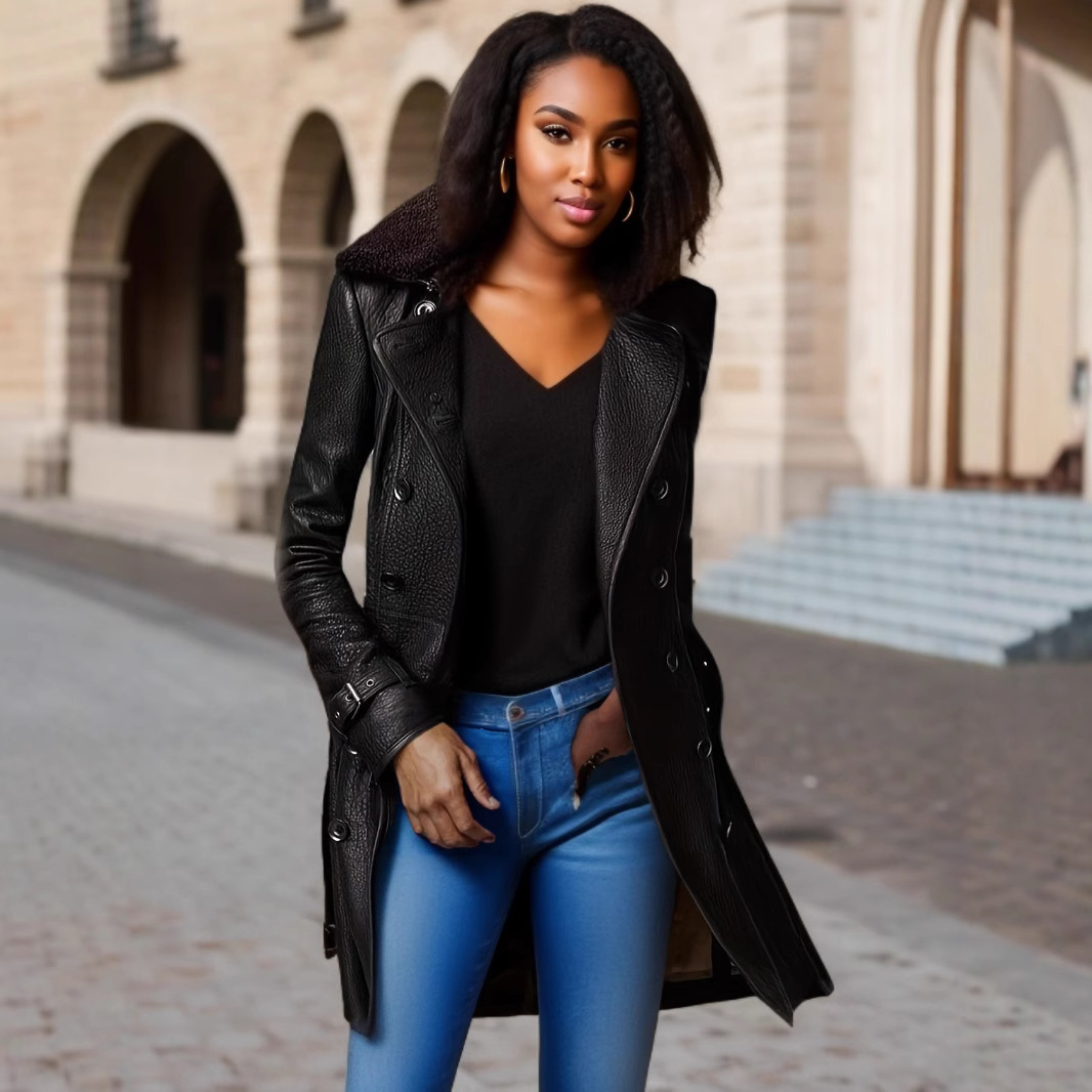 Picture of Foreign Trade Amazon British Women's Fur Collar Leather Jacket Mid-Length Motorcycle Thickened Leather Jacket Slim Jacket