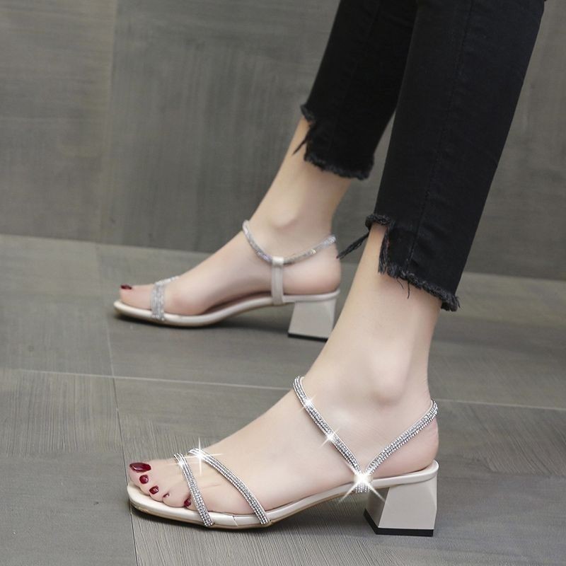 Sandals Fairy Style 2024 New Rhinestone Style with Thick Heel Roman High Heels Internet Celebrity Two-Wearing Summer Women's Shoes