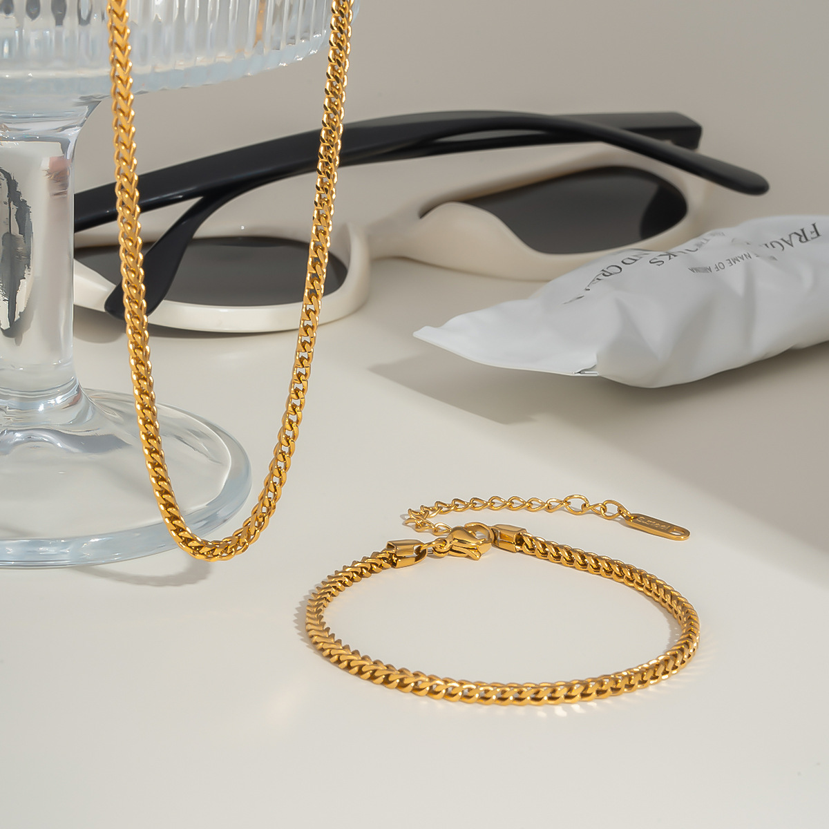 European and American Cross-Border Classic Keel Chain Necklace Bracelet Set Street Matchinging Simple and Versatile Stainless Steel Jewelry