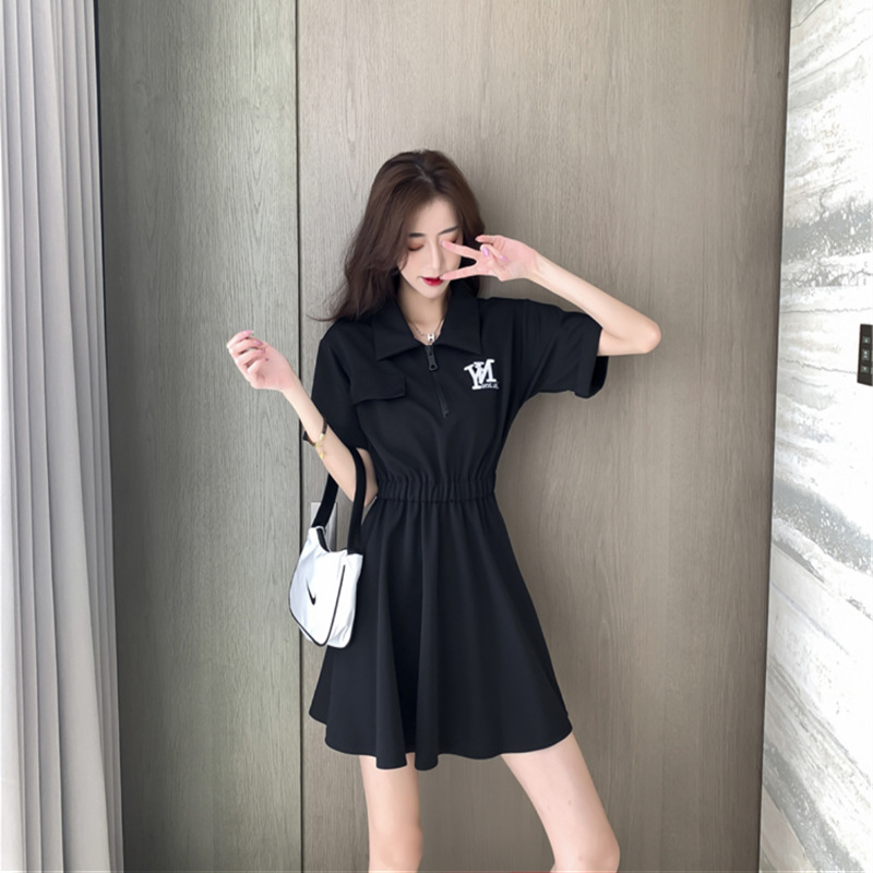 Black dress Women's 2024 Summer New Korean Style Elegant Slim Embroidered A- Line Short T Skirt Polo Collar Small Black Skirt