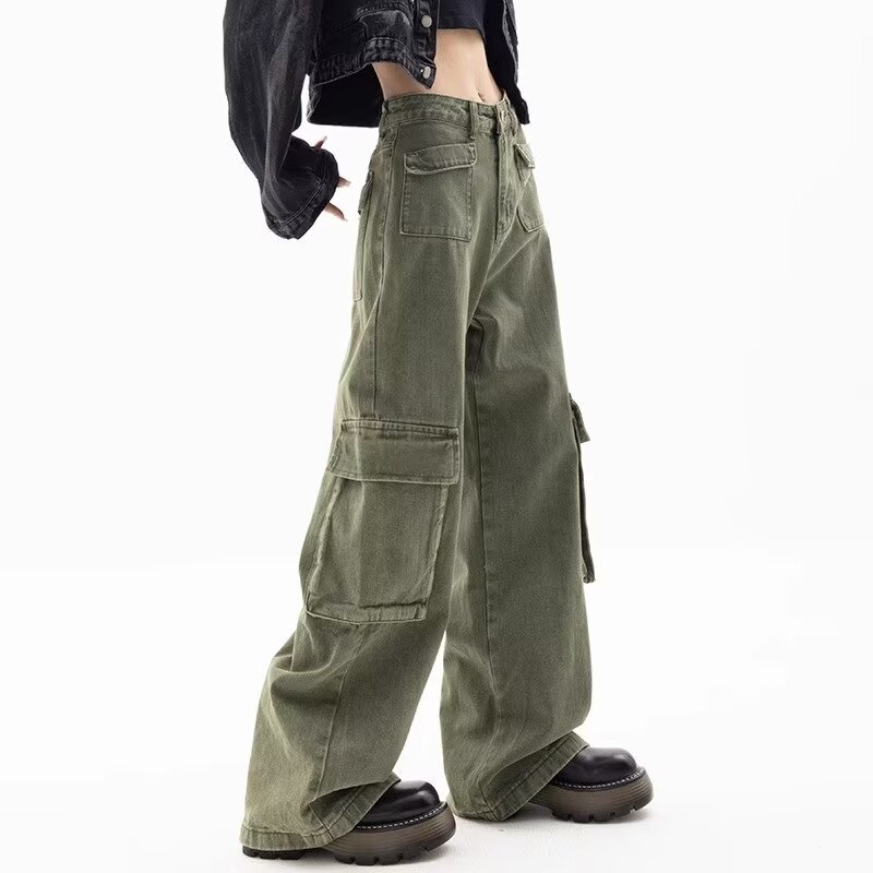American Style Retro High Waist Green Overalls Jeans Girls Trendy Brand New Loose Straight Casual Wide Leg Trendy Trousers