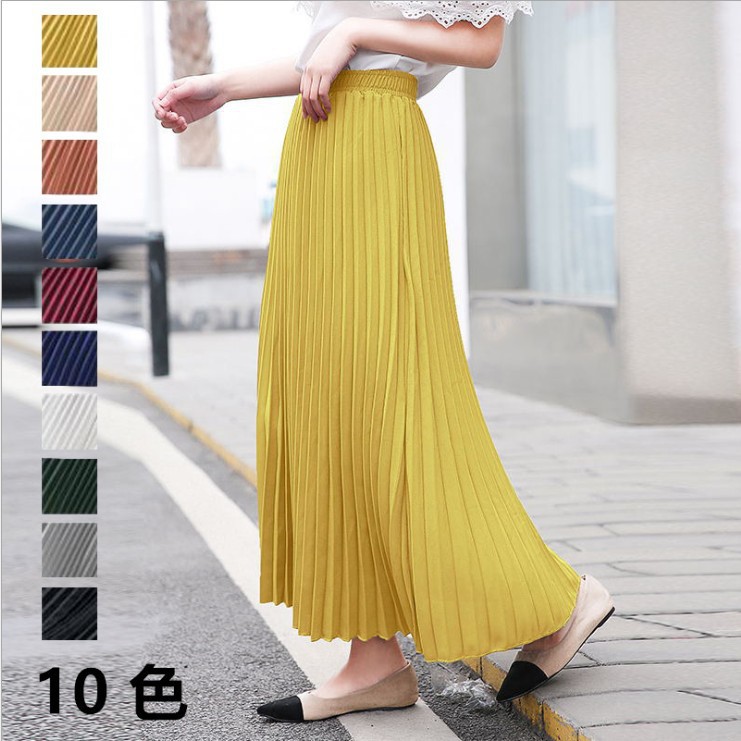 2020 Spring and Autumn New Korean Style Solid Color Long Large Size Pleated Skirt High Waist Skirt Women's Staggery Waist Skirt
