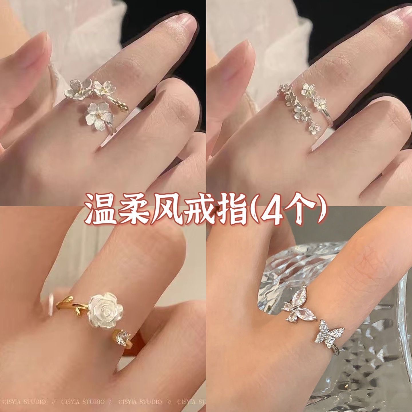 Super Gentle Camellia Ring for Women Ins Niche Design Cold Style Classy Opening Adjustable Index Finger Ring