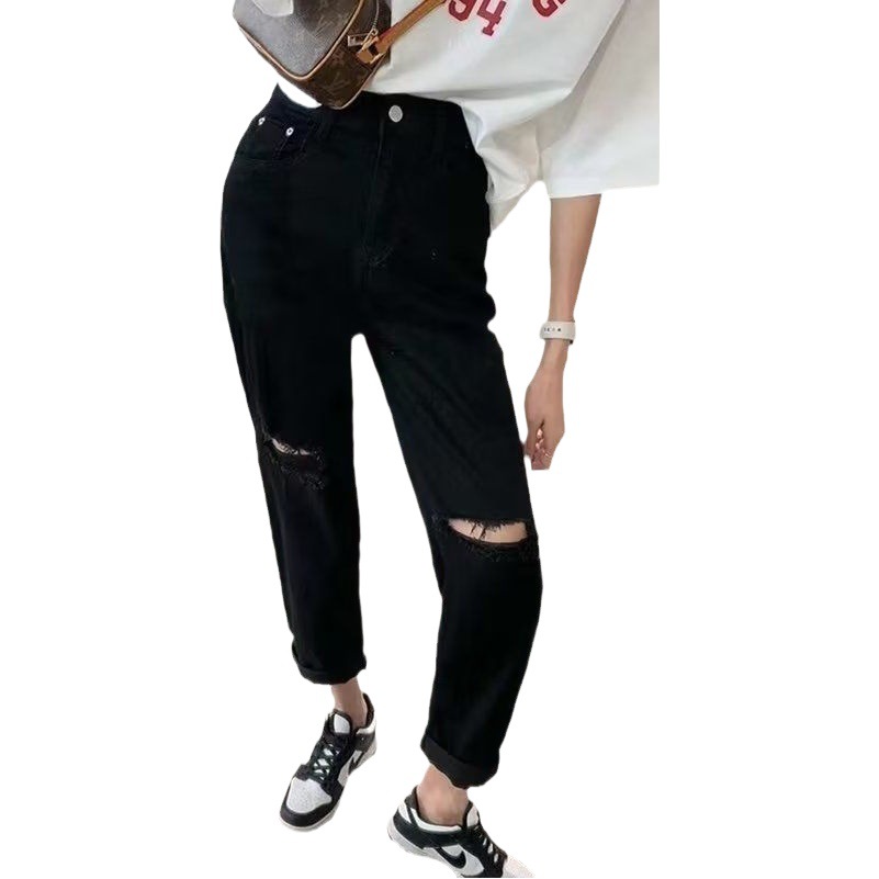 Ripped Jeans Women's Autumn New Loose Elastic High Waist All-match Black Cropped Straight Trendy Pants for Small Men