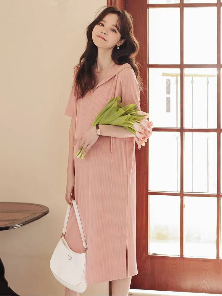 Picture of Pregnant Women's New dress Summer Short-sleeved Solid Color Korean-style Hooded T Skirt Loose Fashion Draped dress