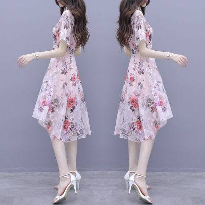 029 Cross-Border Short-Sleeved Ready-Made Women's Summer New Style Xia Sen Style Asymmetrical Slim Printed Milk Silk Dress