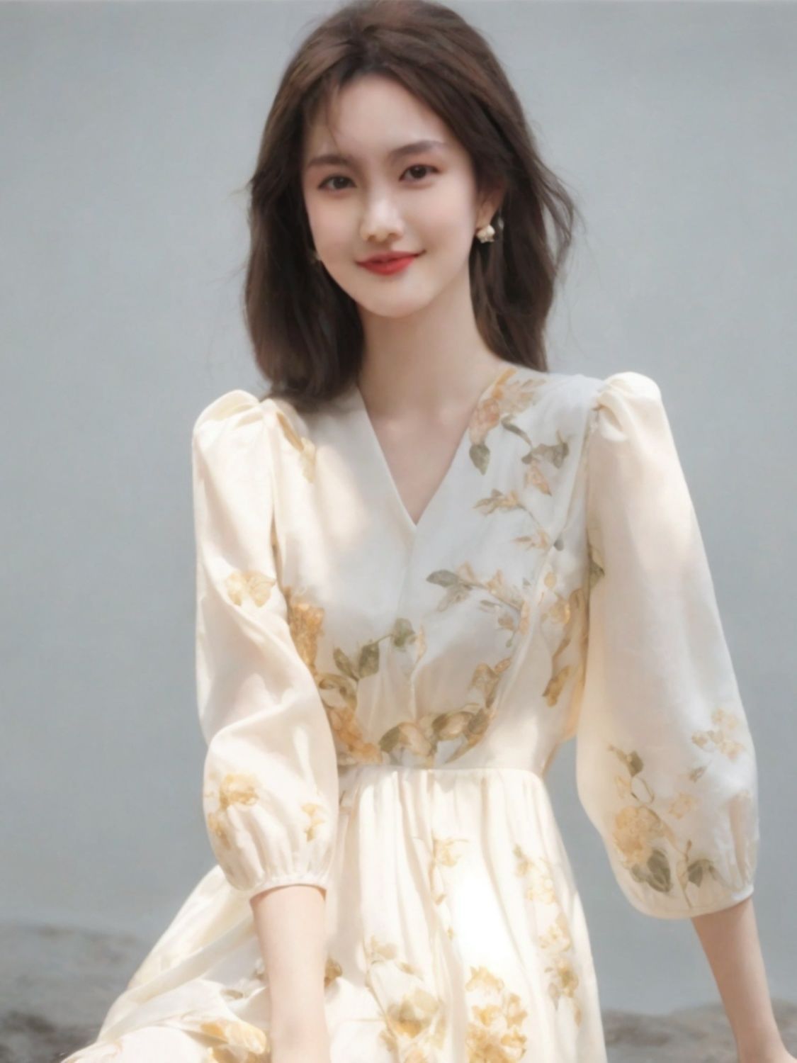 New Chinese High-end Exquisite French Style Elegant Seaside Holiday Chiffon Floral dress Women's Summer Mid-length Dress