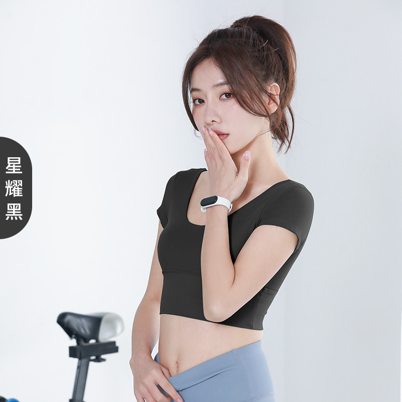Picture of Juyitang Yoga Clothing Sports Navel-exposed Short-sleeved V-neck T-shirt Beautiful Strap Chest Pad Running Sports Tight Small Top