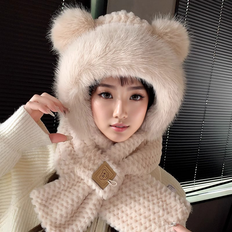 Picture of Cute Bear Hat Gloves Three-in-One Scarf Plush Hat Winter Riding Women's Easy Outdoor High-Level Warm Hat