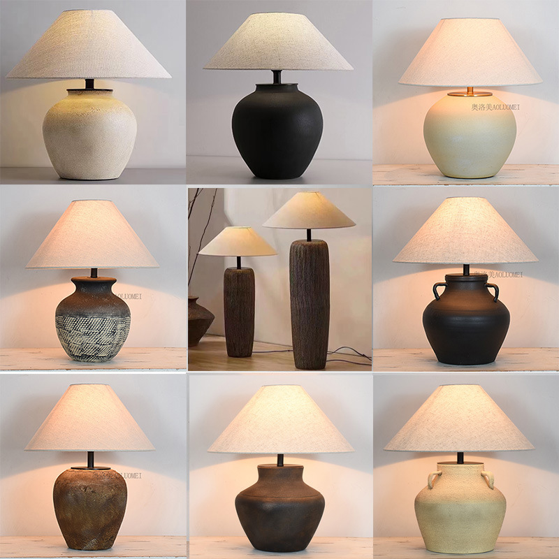 Japanese Wabi-Sabi Style Terracotta Table Lamp Chinese Style Coarse Ceramic Living Room Hotel B&B Designer Bedroom Bedside Lamp Decoration
