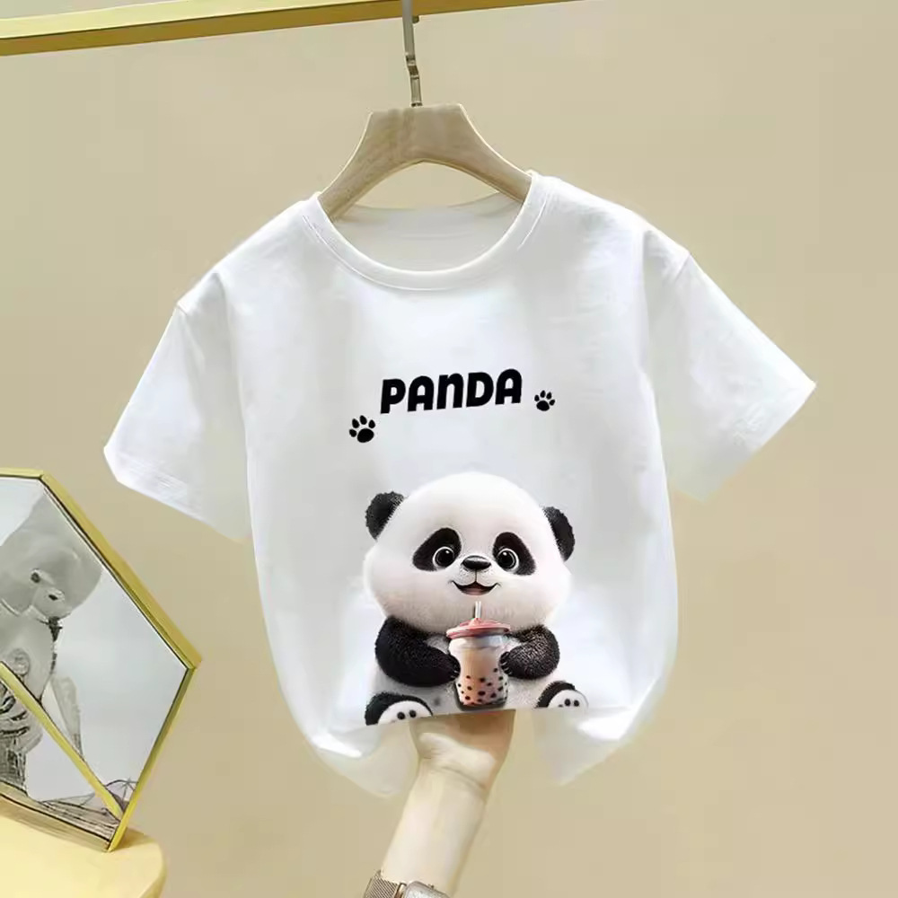 Children's Clothing Summer Cotton Short-sleeved 2024 New Cartoon Panda T-shirt Trendy Brand Fashion Student Base Shirt for Boys and Girls