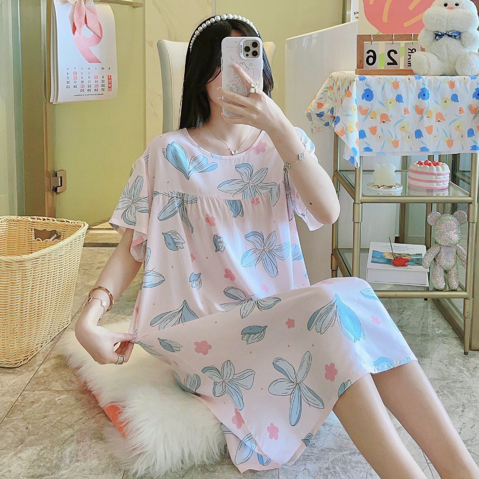 Picture of Cotton Silk Nightgown Women's Spring and Autumn Summer Thin Pajamas Korean Sweet Girls Online Celebrant Live Explosions Home Outwear Skirt