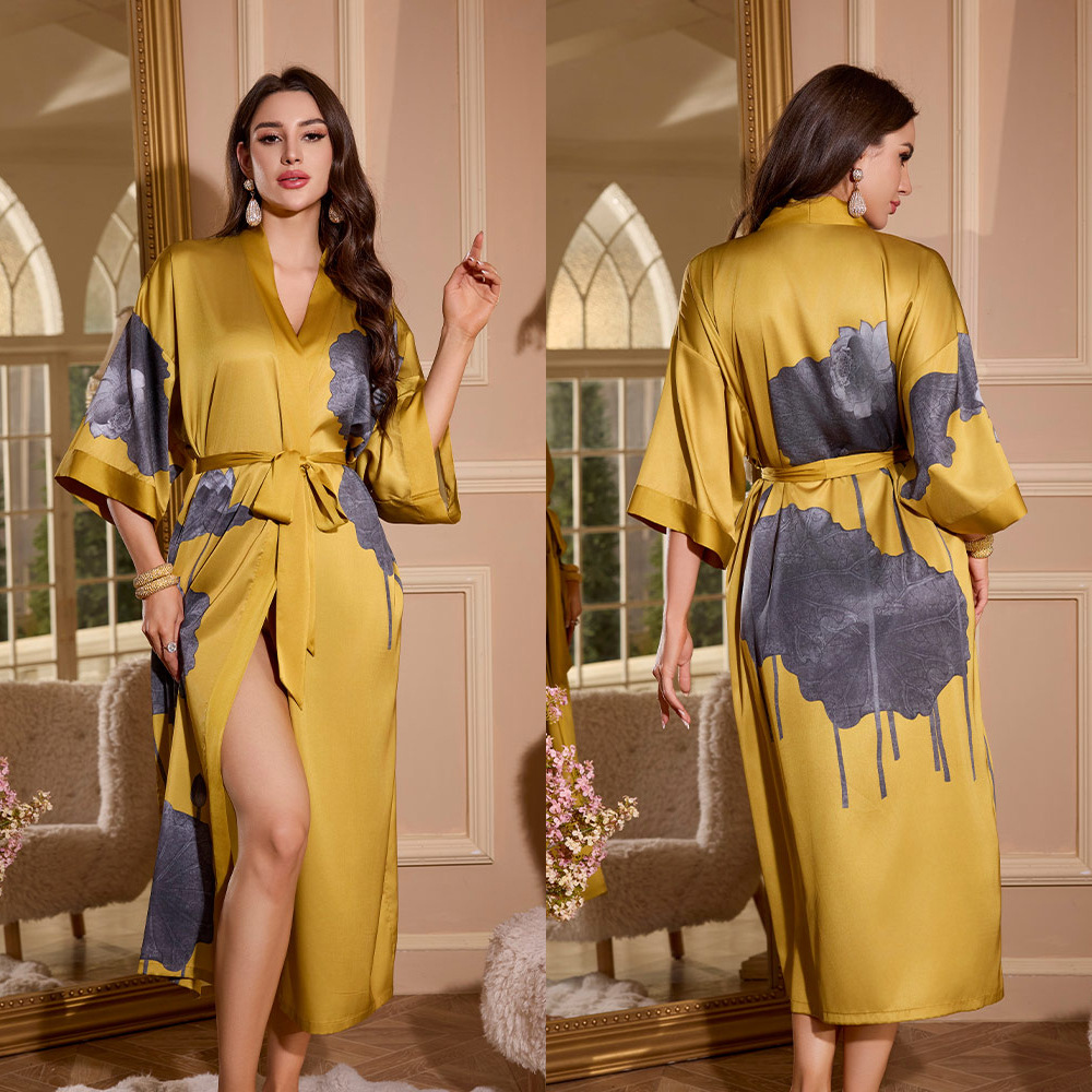 Picture of Yaoting Satin Printed Pajamas for Women Summer Large Size Accessible Luxury Three-Quarter Sleeves Cool Long Nightgown Home Wear Women Wp2669
