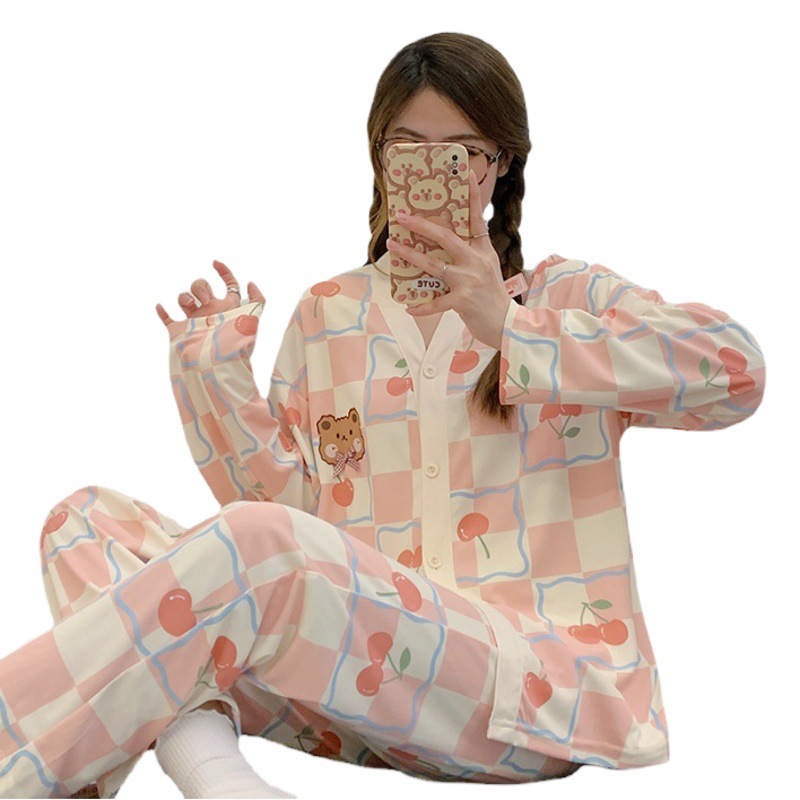 Long Sleeve Pajamas Women's 2023 New Spring and Autumn Imitation Cotton Student Cute Bear Girl Home Clothes Two-piece Suit