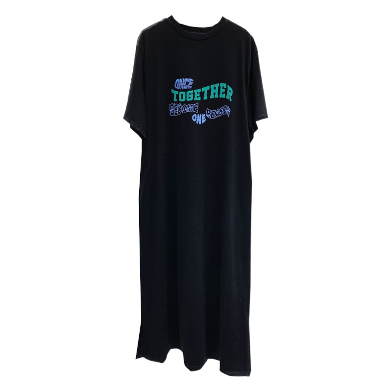 Short-sleeved Large Size T-shirt Dress Women's 2022 Summer Lazy Style Letter Printed Split Mid-length Over-the-knee Dress