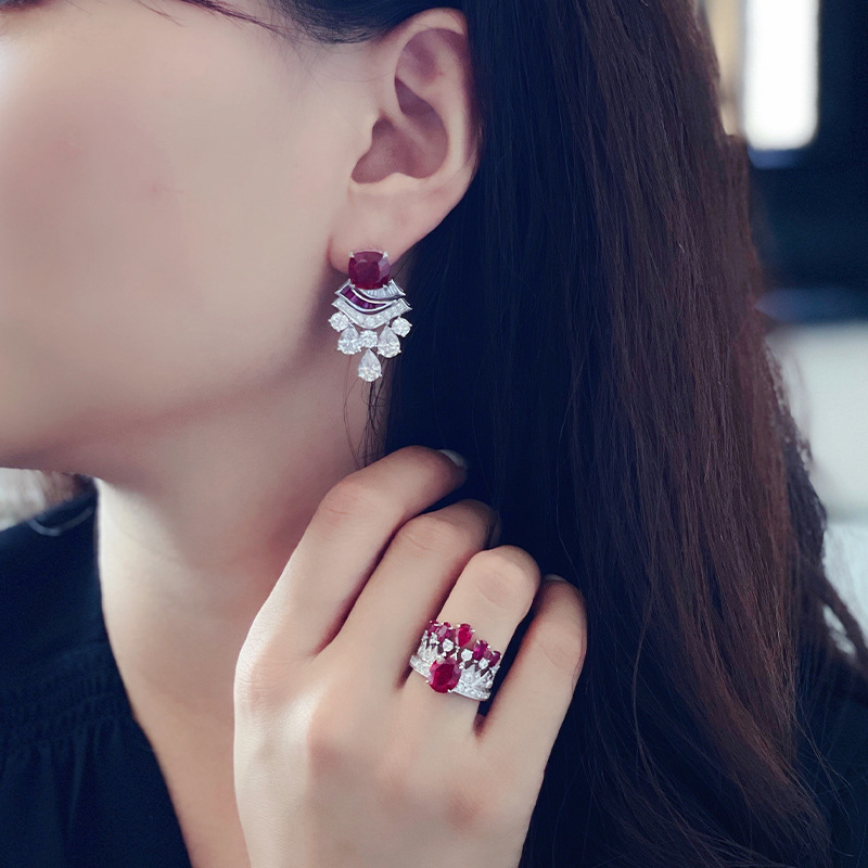 Kajia High Jewelry Vintage Ruby Crown Ring Pigeon Blood Red Small Skirt Earrings Light Luxury Jewelry suit Women