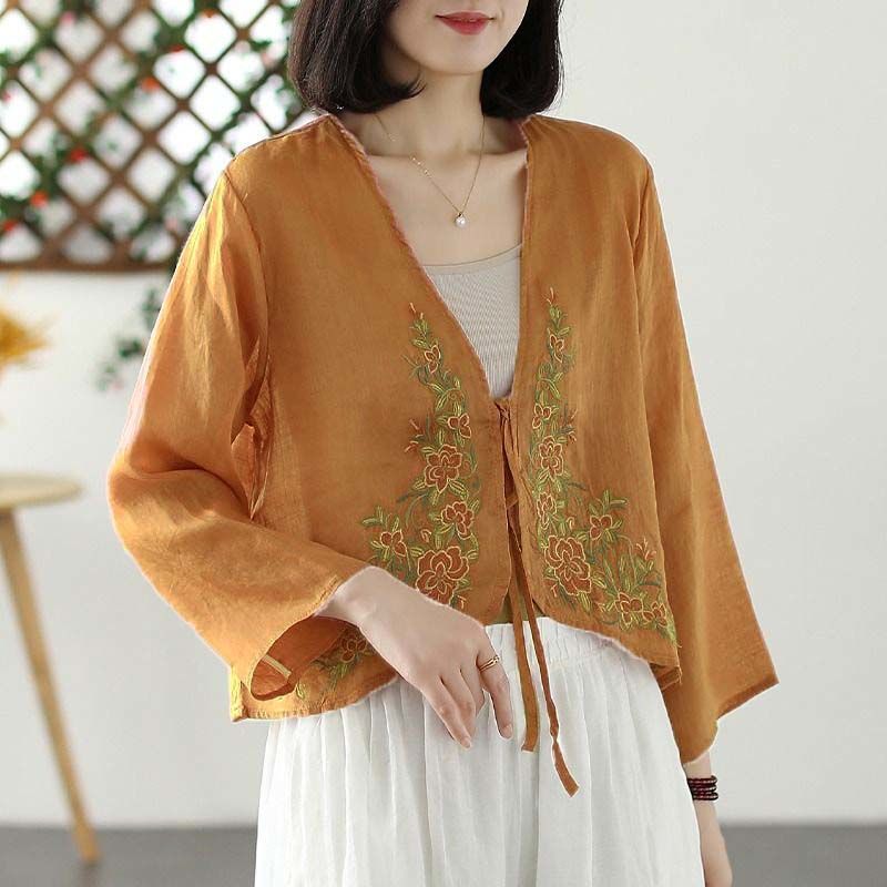 Women's 2024 Spring and Autumn Cotton and Linen Vintage Embroidered Shirt Sunscreen Clothing Lace-up All-match Tea Clothing Shirt Outer Shawl