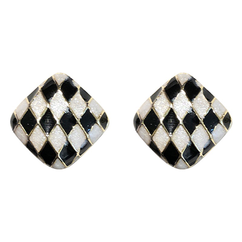 s925 Silver Needle Black and White Checkerboard Geometric Square Earrings Women's Design Sense Advanced Temperament Internet Celebrity Earrings Earrings
