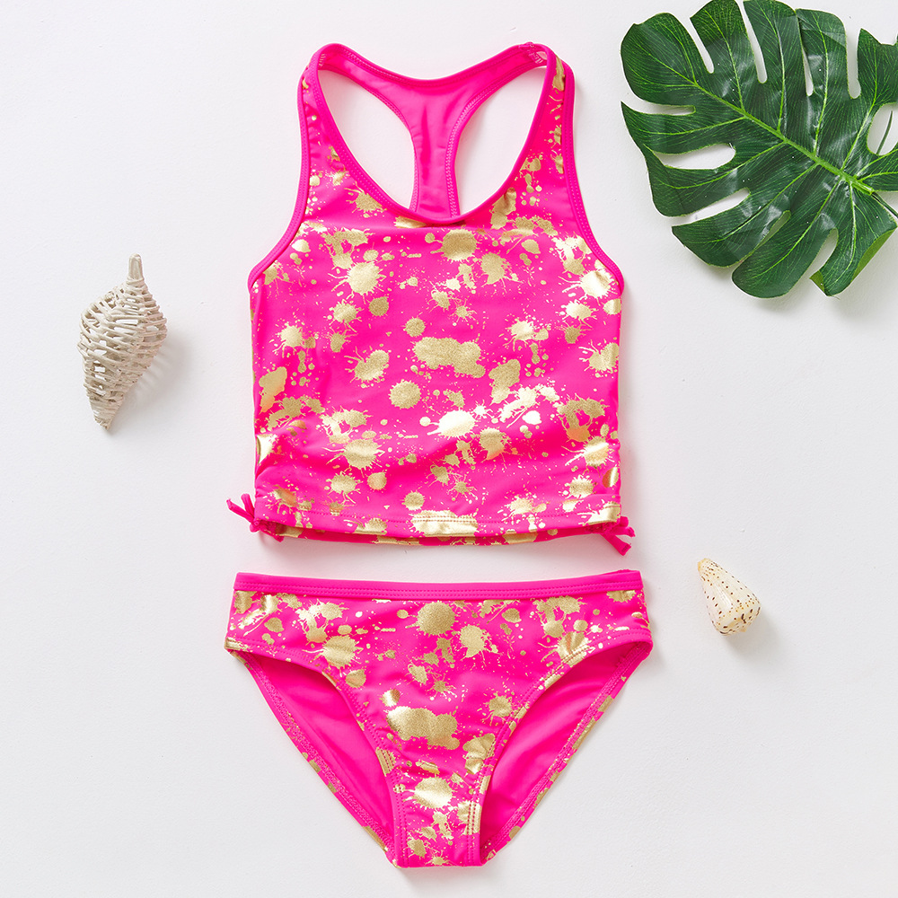 Spot cross-border children's swimsuits girls gilded nylon split swimsuits big children's swimsuits 9077