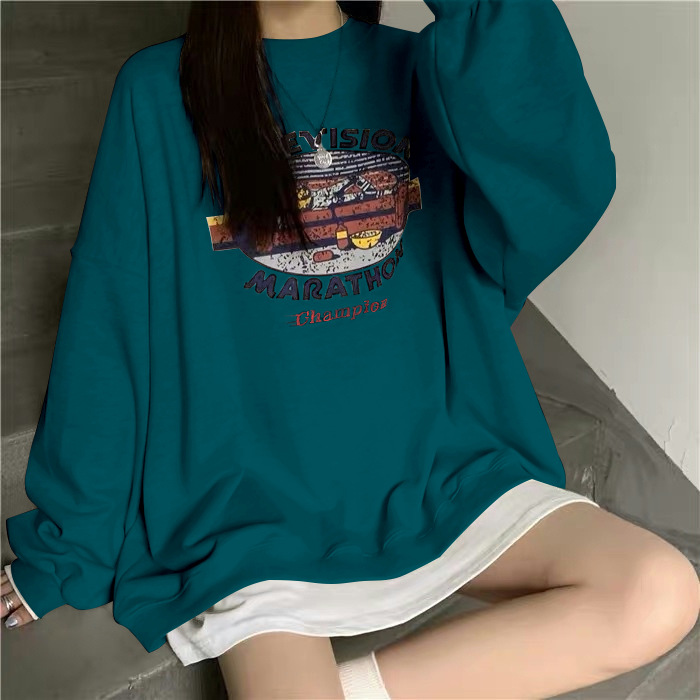 Picture of American Style Retro Printed Round Neck Sweater Women's Autumn Clothing Student Base Shirt Regular Casual Loose Top Thin Trendy