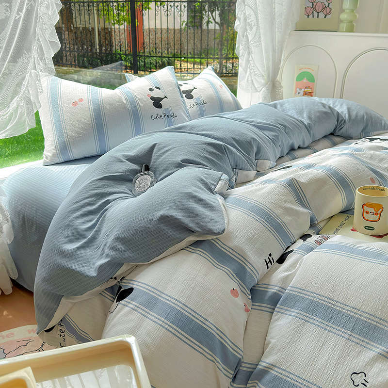 Picture of Class A Maternal and Infant Grade Fresh Small Zhu Cotton Four-piece Set Washed Cotton Bed Sheet Quilt Cover Three-piece Set for Student Dormitory