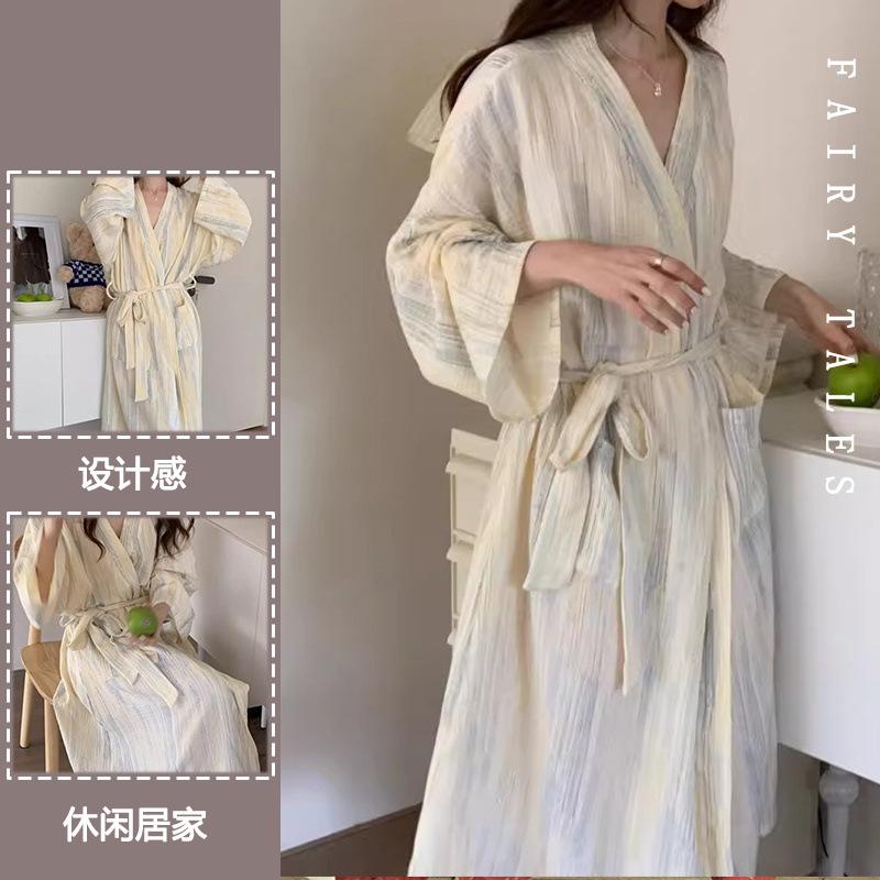Tie-Dye Striped Long-Sleeved Pajamas for Women, New Lint-Free Bathrobes, Summer Thin Style, Sweet Pajamas, Home Clothes, Bathrobes