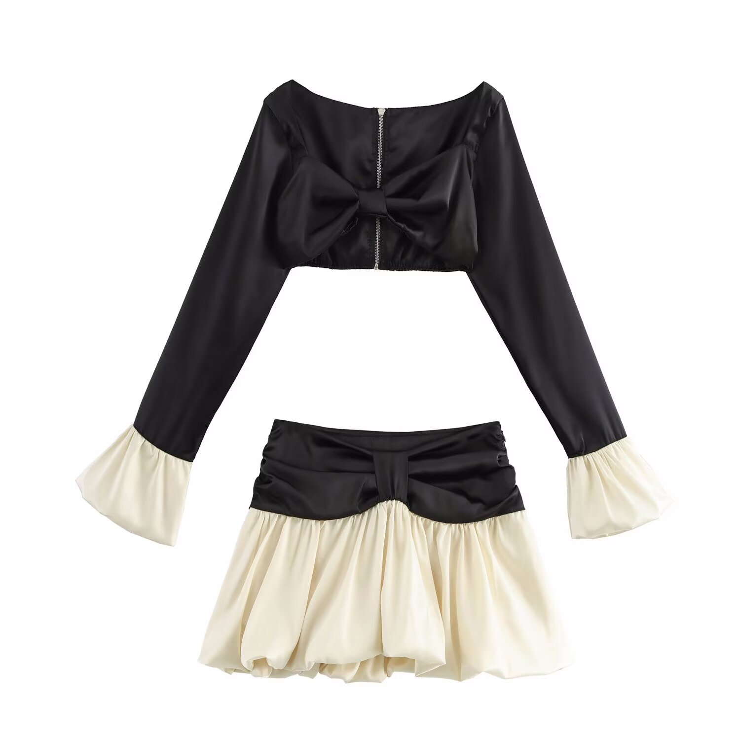 ZA cross-border women's clothing wholesale American hot girls pure sexy two-piece short long sleeve T-shirt pleated bud skirt