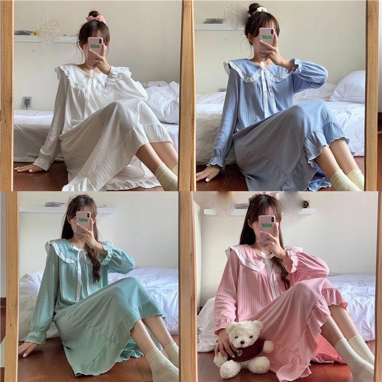 New Pajamas Women's Long-sleeved Nightgown Doll Collar Over-the-Knee Court Fairy Korean Style Princess Style ins Style Home Clothes Women
