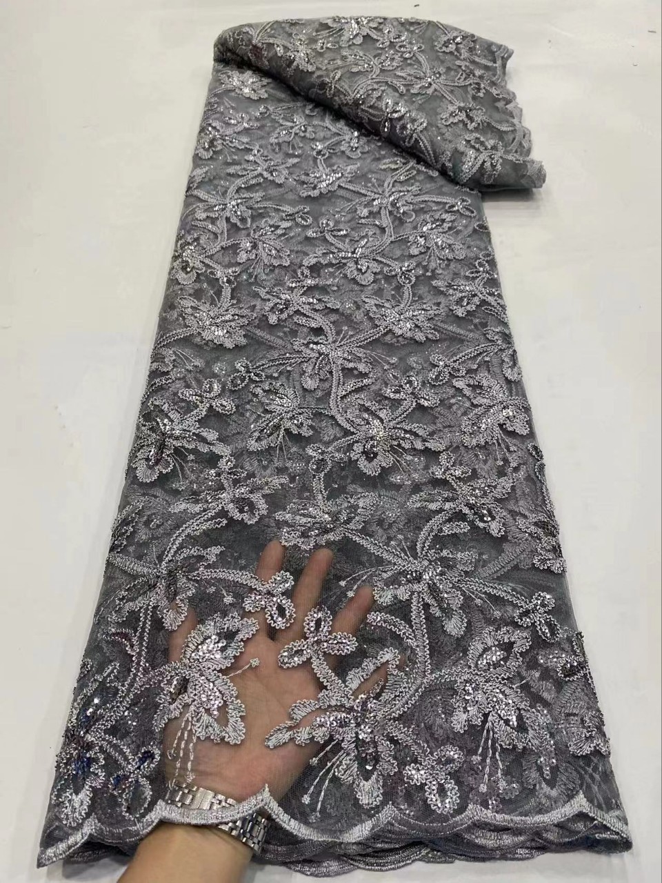 Picture of Summer Hanfu Plant Flower Dress Embroidered Cloth Double Rope Sequin Lace Fabric African Garment Lace JX2296