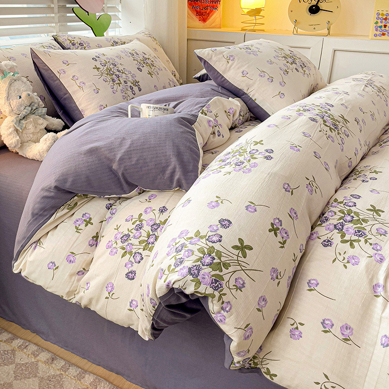 Picture of Class A Maternal and Infant Grade Fresh Small Zhu Cotton Four-piece Set Washed Cotton Bed Sheet Quilt Cover Three-piece Set for Student Dormitory