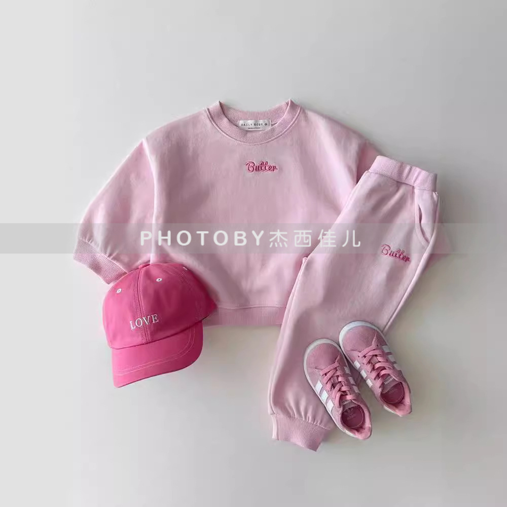 Korean-style Ins English Letter Baby Men and Women Color Sweat Set Sweat Pants Solid Color Spring and Autumn All-match suit
