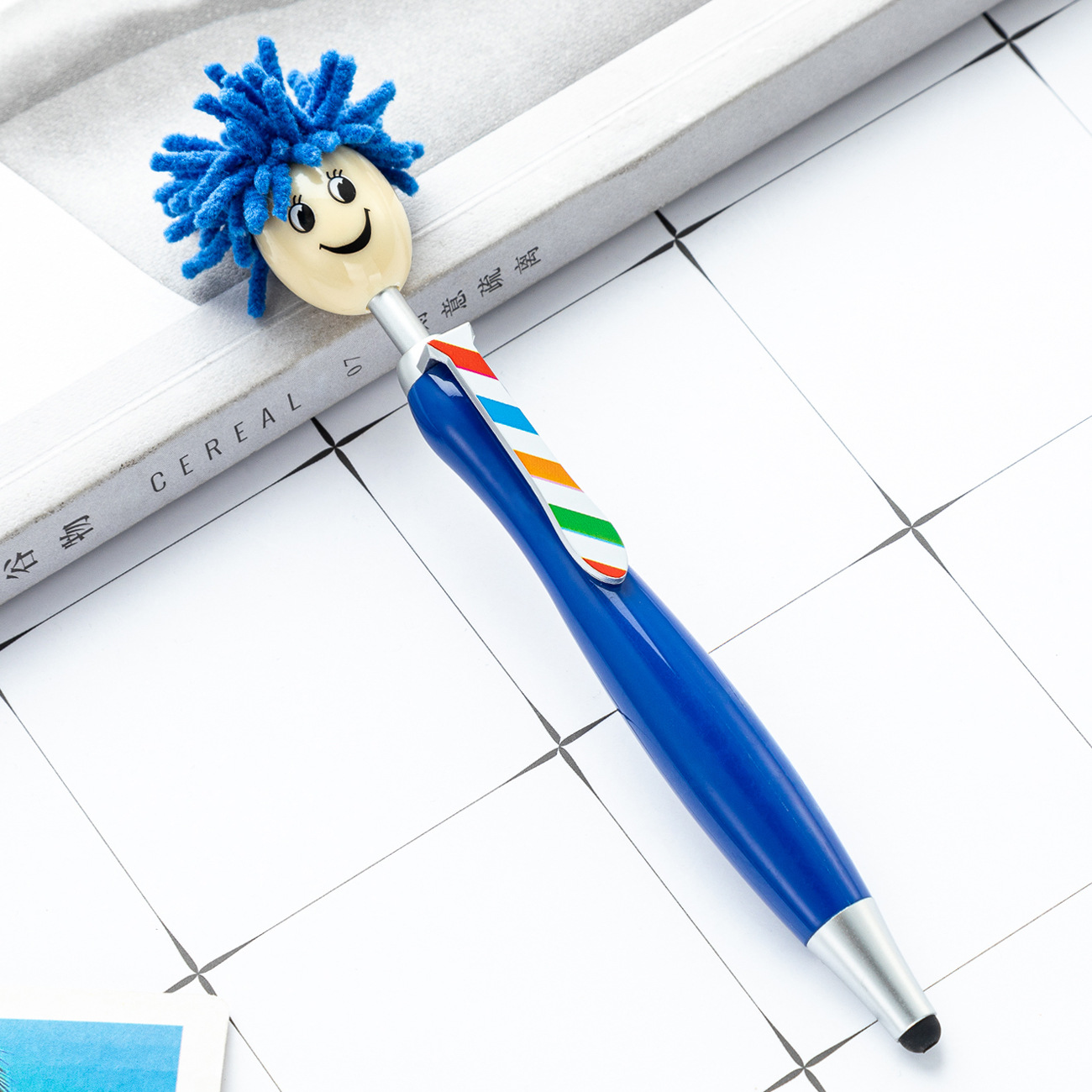 Picture of Cute plush doll head ballpoint pen printable logo three-dimensional cartoon smiley touch pen Christmas gift pen