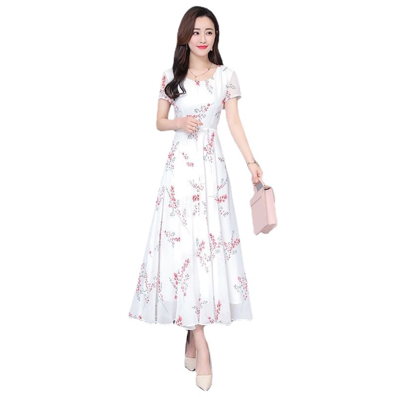 Picture of Fashion Dress for Women 2022 Summer New Floral Short-sleeved Mid-length Skirt Elegant Slimming Look Long Skirt for Women