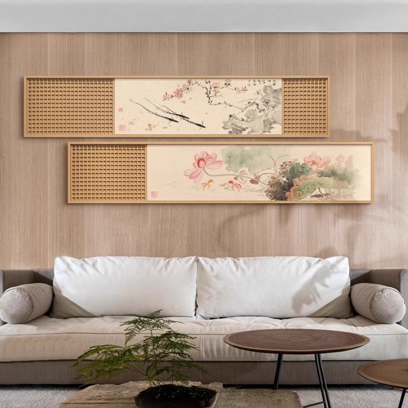 New Chinese Style Lotus and Fish Living Room Zen Decorative Painting Tea Room Wall Painting Log Style Hanging Painting Living Room High-End