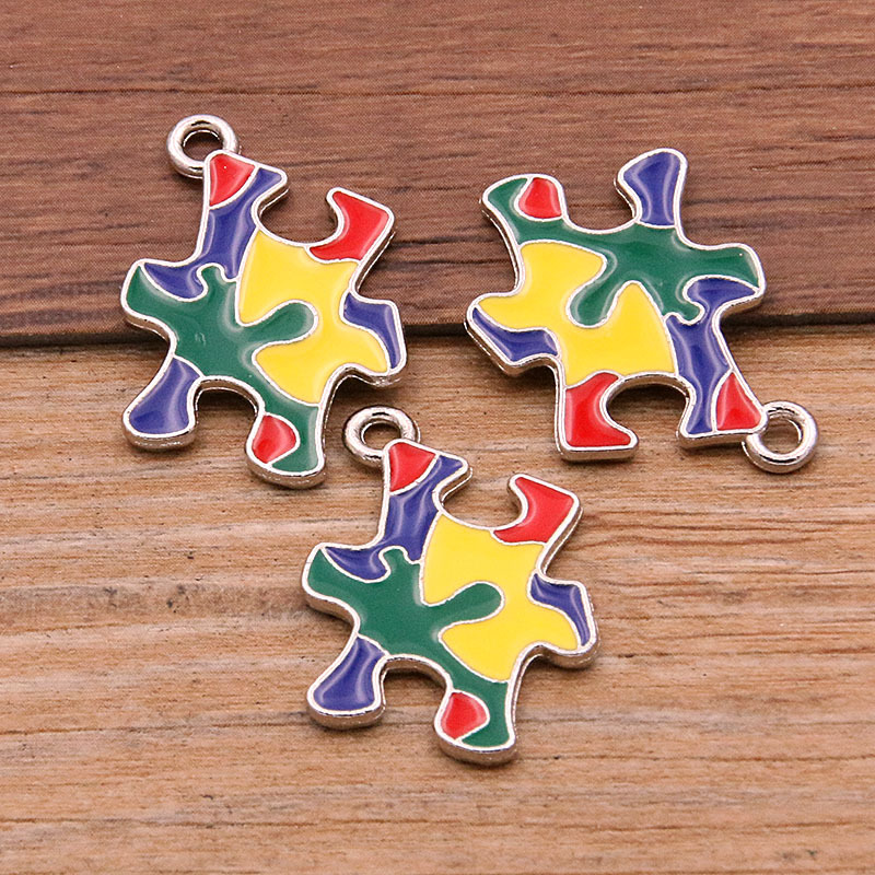 Picture of 8 Styles, 2 Colors DIY Alloy Jewelry Contrasting Color Puzzle Autism Pendant Round Heart Puzzle Asymmetrical Pendant