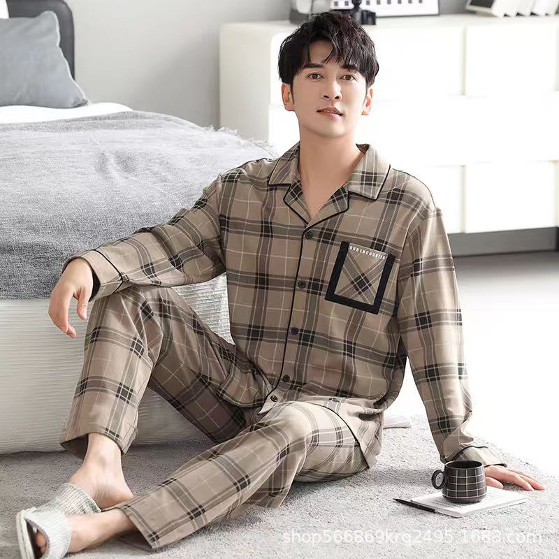 Picture of [Cloud Sense Sleeping] Spring and Summer Thin Men's Pajamas Men's Lapel Long Sleeve Casual Outer Wearing Home Clothes One suit